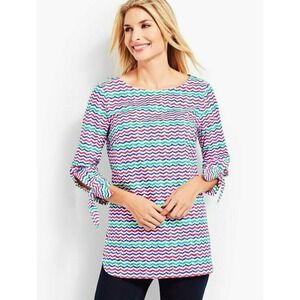 Talbots Chevron Blouse Size XL Multicolor 3/4‎ Bow Sleeve Preppy Coastal Boho